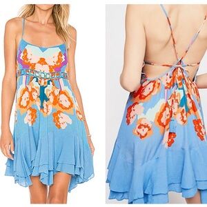 Free People Sweet Lucy Slip Dress Blue Orange Floral Flowy Backless Ruffle Hem